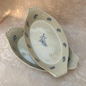 Pode incluir: Dois pratos de servir ovais em cerâmica com esmalte cor de creme e padrões florais azuis. Cada prato apresenta um motivo botânico central e um design repetitivo de ramos ao longo da borda, com pegas decorativas moldadas em ambas as extremidades.