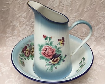 Exquisite Antique French Japy Enamelware Washing Set PITCHER/BOWL Rose Pansy Blue Shading COUNTRYFARM 1920 Bathroom Garden Porch Decor