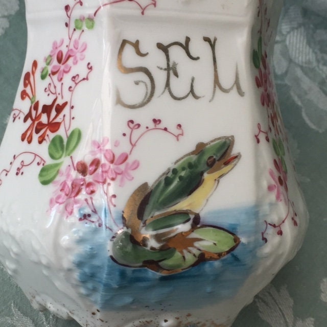 Superbe Antique Français 19Ème Porcelaine Canister Sel | Sel Rare Délicieux Décor Grenouille Verte G