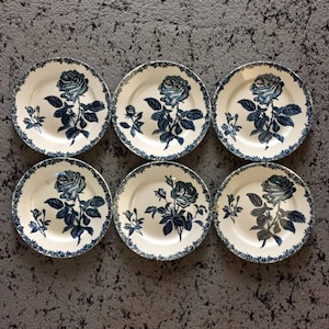 Fabulous Set 6 Six Antique Vtg French LONGCHAMP Similar PLATES Side Dishes Slate3Blue Transferware of ROSES Years 1860 BRoCANTE Gift Idea