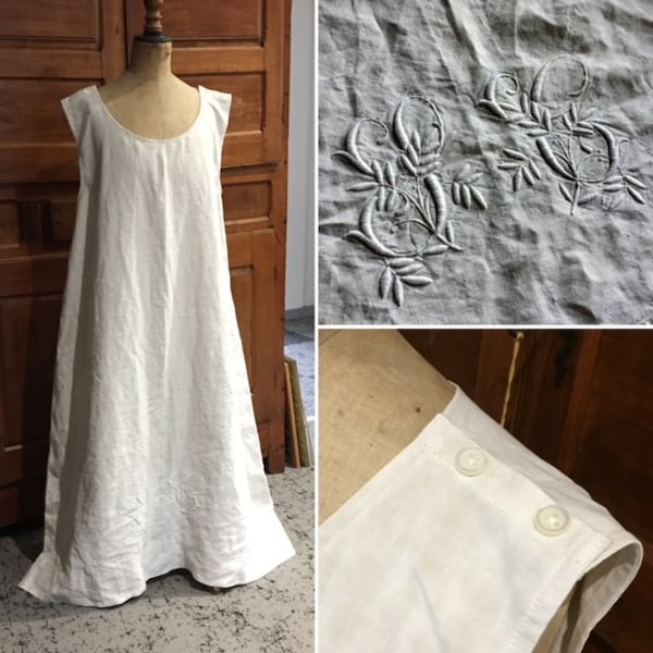 Unique ESkANDAR Style RoMANTIC French Long Tank NUNs SHEET Linen DRESS Floral Monogram SC Lge Size Loose Fit Cloth Lagenlook BoHo HiPPiECHiC