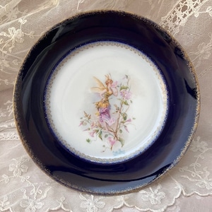 Rarest FAIRY Bee Dated 1905 French CoBALT Blue PORCELAIN Cabinet PLATE DiSH Hand-painted Morning Glory LIMoGES Assiette Wall Ornament SiGNED