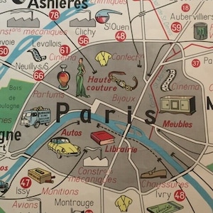 Mid Cent.Vtg PARIGI SCUOLA MAPPA Monumenti & EcoNoMY Automobili Gioiello Hte CouTuRE Aeroporto Casa/Ufficio DECORAZIONE Arazzo da parete COLLEZIONE Espositore Trendy