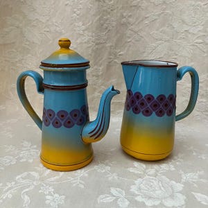 Rare SMALL Size COFFEE PoT and PiTCHER ! Art Deco Era Set French B B Enamelware Bachelor or Dinette Pretty Pattern Mother's Day Gift Core