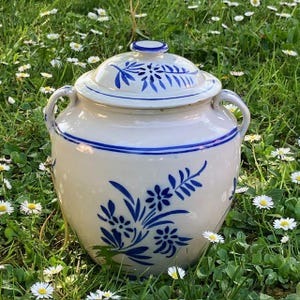 Rare 9"H MARTRES BLuE FLoWERS CONFIT POT Small Size French White CERAMiC Preserve Jar Hd-painted Floral Decor Early 1900s CoUNTRYFARM CoRE
