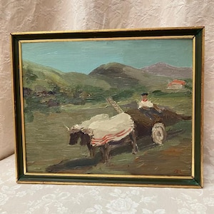 伝統的ヴィンテージ フランス語 PAyS BASQUE 田舎 油彩 パネル 収穫風景 牛車 農民 バイヨンヌ アーティスト Jeanne DESPRES バスク ベレー帽