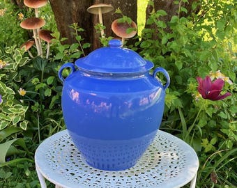 11"H PERIWiNCKLE  Blue MARTRES CONFITPOT French Antique Pottery w. Lid CountryFarm Duck or Pork Preserve Jar RUSTiC Home Late 19th Trendy