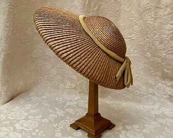 1950s True Vintage Small Brown Straw Hat With A Stylized Loopy Bow Design On Top Vintage 1950s Brown Small Round Straw Cocktail Hat With A  main image 4