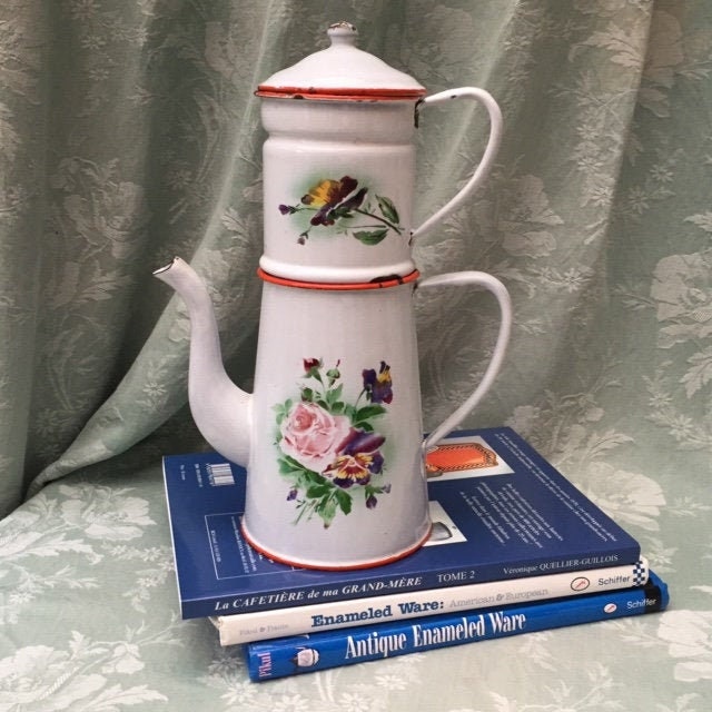 Rare All White Antique Français Japy Coffeepot Biggin Rose Rose/Violet Pansy Pattern 1920S Art Déco 