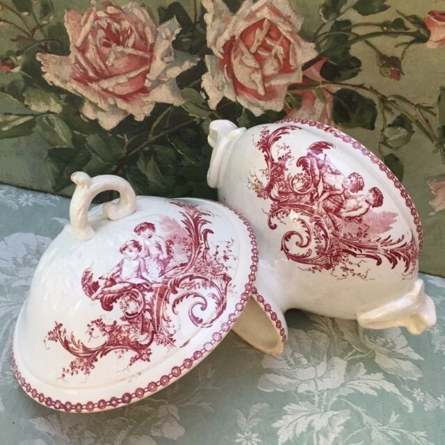 Rare Si Beau Antique Français Rose Cherubs Soupe Tureen Porcelaine Pierre de Fer Shabby Château Chic