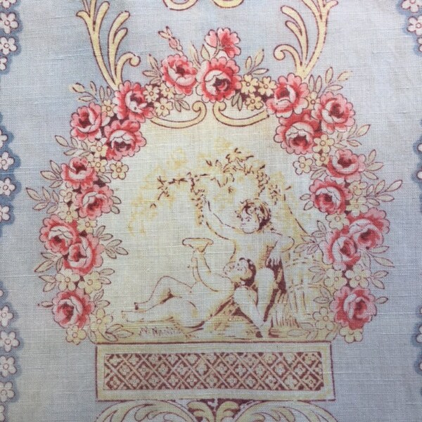 Gorgeous Piece Antique French LINEN FABRIC Faded Blue with Cherubs, Roses and Doves... Exquisite !