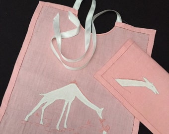 1940s Haberdashery Dead Stock Delicious Unused Pink BABY BIB and its Matching Storage POCKET/Pouch Hand Embroidered GiRAFFE and Boy Pattern