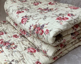 Fab Antique Lge Français DOwRY QUILT BOUTIS Mint Condition PiNK RoSE Florals/Tiny PAiSLEY Backside Bed Linen 1900s Home DECoR 90.55"/230x230cm