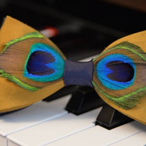 Feathered Peacock Mens Bow Ties Gold Navy Blue Bow Tie Wedding Bow Tie Bow Tie for Men Gift for Dad Genuine Feather Bow Tie