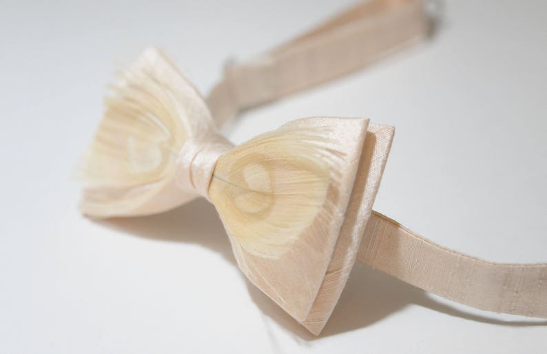 May include: A cream-colored bow tie with a textured, feather-like pattern. The bow tie is made of a soft, silky fabric.