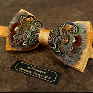 Mens Feathered BowTie Children Gold BowTie Wedding Bow Tie BowTie for Men Gift Genuine Feather BowTie Gift for Father groom outfit for ideas