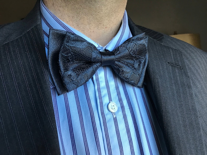 Mens Black and Black Bow Tie Bow Tie Black Wedding Bowtie Lace Etsy