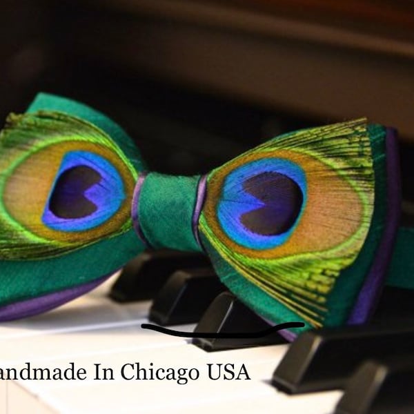 Handmade Peacock Feather Bow Tie: Green & Purple Wedding Groomsmen Outfit