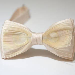 May include: A cream-colored bow tie made of feathers with a subtle shimmer. The bow tie is tied and ready to wear.