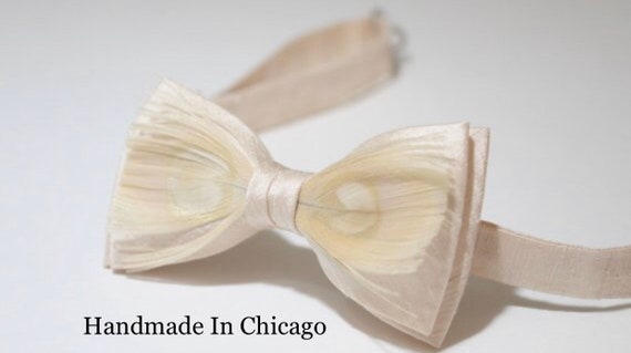 Champagne Feather Bow Tie: Handmade Silk Wedding Bowtie
