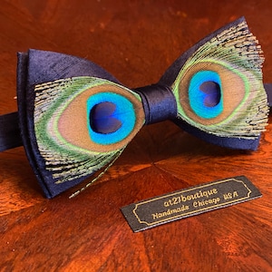 Mens Bow Tie Genuine Feather Navy Blue Tie Peacock BowTie Wedding BowTie BowTie for Children Feathered Bow Tie grooms outfit groomsmen Party