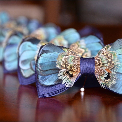 Feathered Wedding bowties Mens Navy Blue shops Feathered Bow Ties Custom and Unique Bow Tie Designed by at21boutique handmade in USA Tie Bow Groom