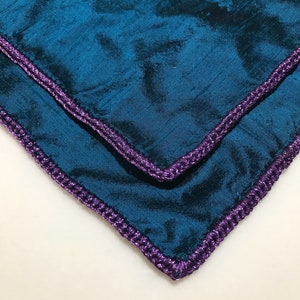Handmade Silk Teal Pocket Square: Purple Crochet Edge, Wedding Accessory