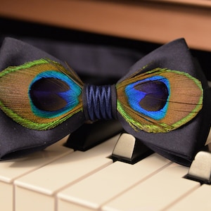 Mens Bow Tie Navy Blue Bow Tie Wedding Bow Tie Bow Tie for Men Gift for Men Genuine Feather Bow Tie Gift for Husband Navy Blue Silk Bow Tie