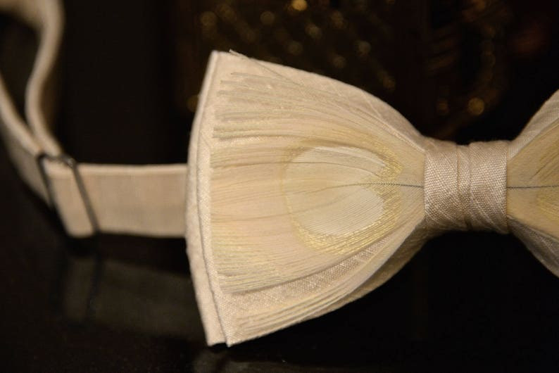 May include: A white bow tie with a textured, layered design. The bow tie has a subtle gold sheen and is tied with a white satin ribbon.