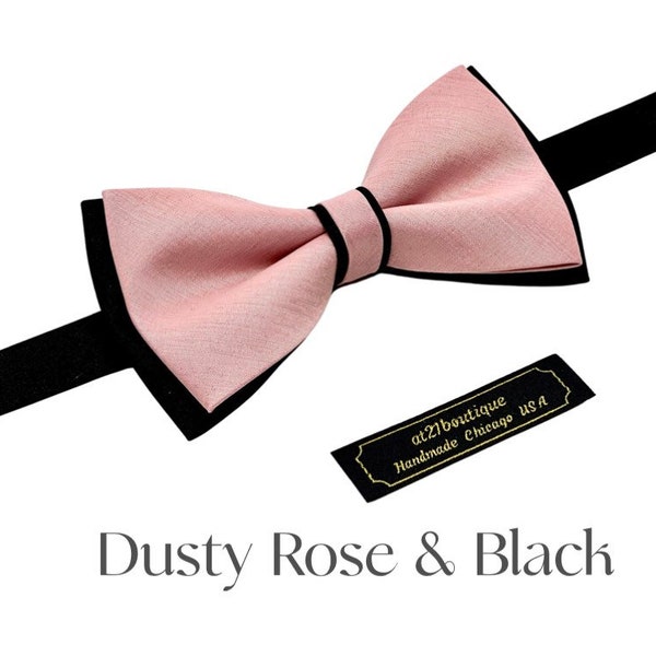 Dusty Rose and Black Mens Bow Tie Best for Wedding, Party, Prom, Grooms, Groomsmen, Satin Tie Bow Men Accesories HandMade in Chicago USA