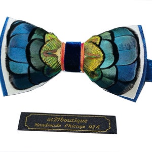 Mens Custom Feathered BowTie Navy Blue and blue with orange accent BowTie Wedding Bow Tie BowTie for Men Gift Genuine Feathers BowTie
