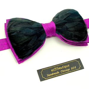 Magenta Mens Bow Tie with Black Feathers Wedding Bow Tie Bow Tie for Men Gift for Men Genuine Feather Bow Tie Gift for Husband Magenta Silk