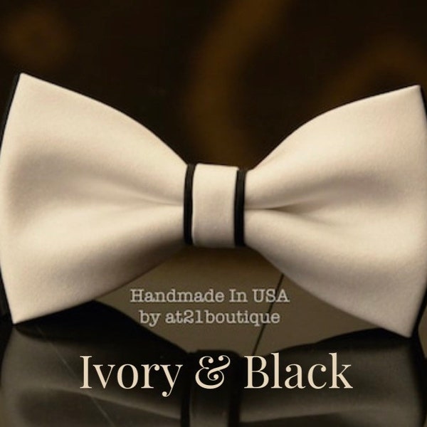 Mens Bow Tie Ivory and Black Tie Bow best for  Wedding Groomsmen Grooms Anniversary Prom Party gift Satin Bow Tie Tiebow Ivory Bowtie Kids