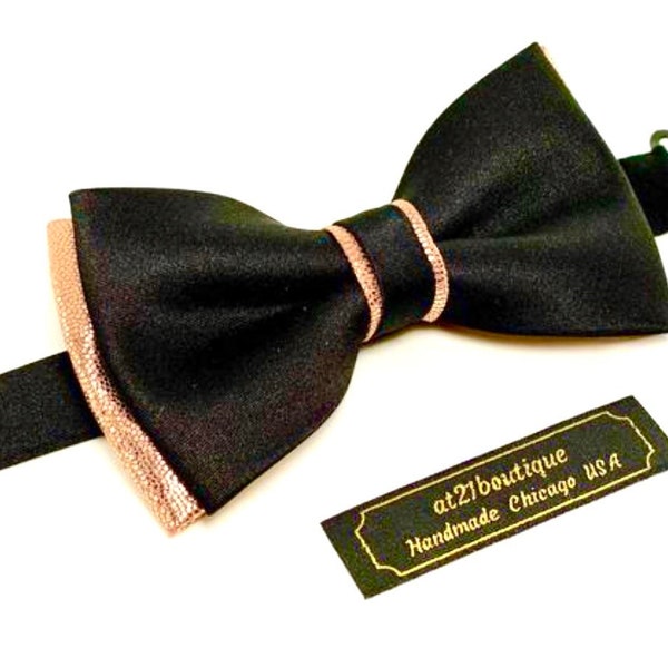 Black and Metallic Rose Gold Bow Tie. Our handmade Bow Ties best for Wedding, Groom, Groomsmen Prom Party Satin and Metalic Stretch Bow Tie