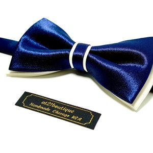 Mens Navy Blue Silk Bow Tie: Handmade Wedding Groomsmen Tie