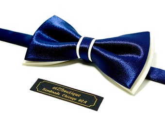 Mens Bow Tie Navy Blue and Ivory Tie Wedding Bow Tie Satin Bow Tie Bow TieFor Men For Men Gift Tie Bow Groomsmen Grooms Tiebow Ivory Bowtie