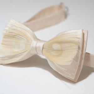 May include: A cream-colored bow tie made of layered fabric with a subtle shimmer. The bow tie has a simple design and is perfect for a formal occasion.
