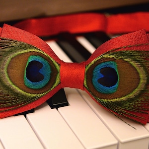 Red Peacock Feather Bow Tie: Handmade Silk Bowtie