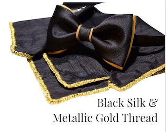 Handmade Black Silk Pocket Square: Gold Thread Accent