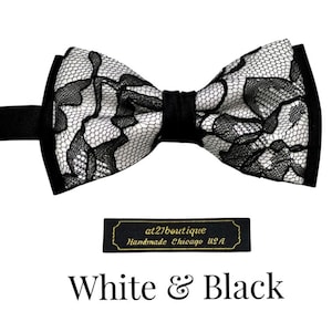 Mens White Bowtie with Black Lace: Wedding Satin Bow Tie