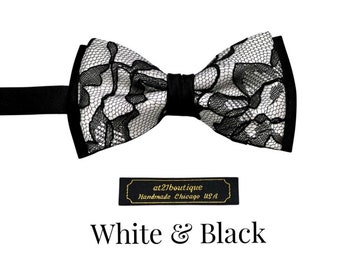 Mens White Bowtie with Black Lace: Wedding Satin Bow Tie