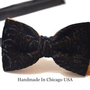 Handmade Velvet Bow Tie: Black & Gold Wedding Bowtie
