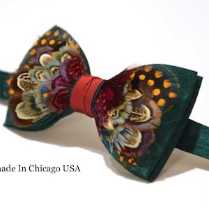 Green Feather Bow Tie: Handmade Silk Bowtie for Groomsmen