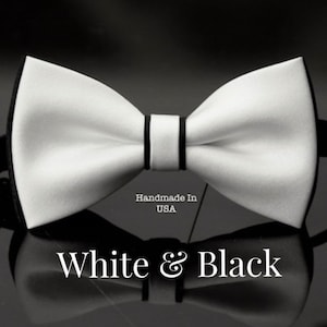 Handmade White & Black Satin Bow Tie: Wedding Groomsmen Gift
