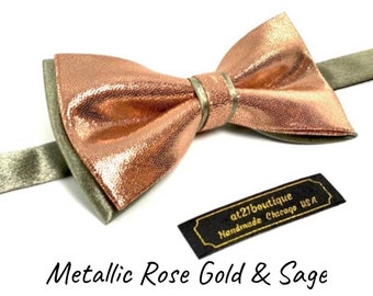 Metallic Rose Gold and Sage Mens Bow Tie Best for Wedding, Party, Prom, Grooms, Groomsmen, Bow Tie Satin and Metalic Stretch Accesories
