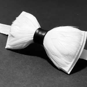 Handmade White Feather Bow Tie: Silk & Leather Wedding Bowtie