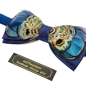 Mens Feathered BowTie Children Navy Blue BowTie Wedding Bow Tie BowTie for Men Gift Genuine Feather BowTie Gift for Father groom outfit gift