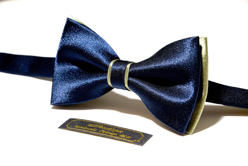 Mens Bow Tie Navy Blue and Gold Bow Tie Wedding Bow Tie Satin Etsy