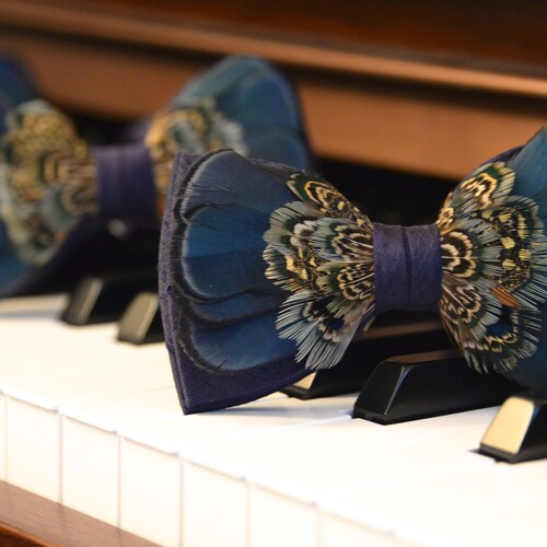 Feathered Wedding bowties Mens Navy Blue shops Feathered Bow Ties Custom and Unique Bow Tie Designed by at21boutique handmade in USA Tie Bow Groom