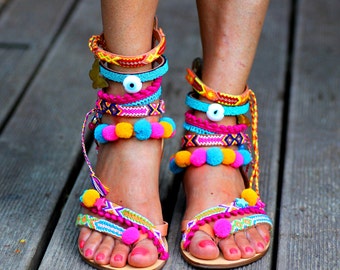 Pom Pom 'Let it Be' Festival Sandals by Borsis (handmade to order)